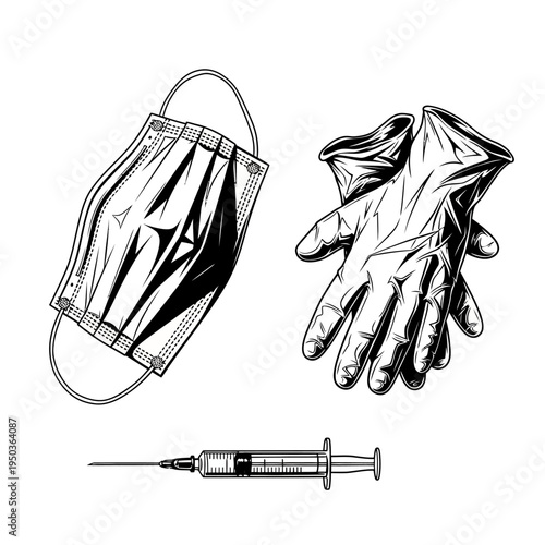 Medical Protection Set: Face Mask, Gloves, Syringe - Black and White Illustration