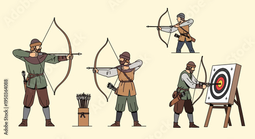 Medieval Archers Practicing Archery with Targets and Quiver of Arrows