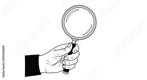 A simple black and white illustration depicts a hand firmly grasping the handle of a magnifying glass high quality
