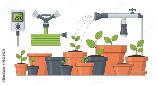 Gardening setup with plants, pots, sprinkler, and thermometer
