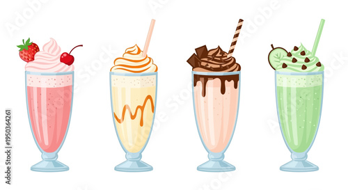 Four Delicious Milkshakes with Toppings: Strawberry, Caramel, Chocolate, Mint