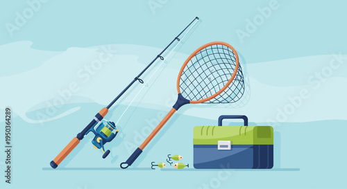 Fishing Gear: Rod, Reel, Net, Tackle Box, and Lures on a Light Blue Background