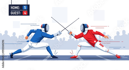 Fencers Competing in Championship Match with Scoreboard