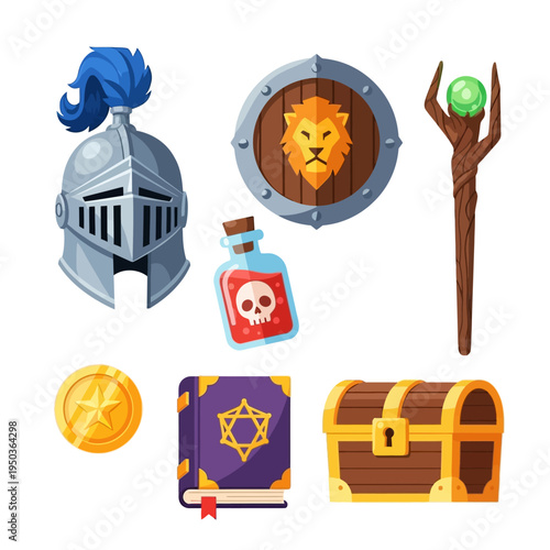 Fantasy Game Items: Knight Helmet, Shield, Potion, Staff, Coin, Book, Treasure Chest