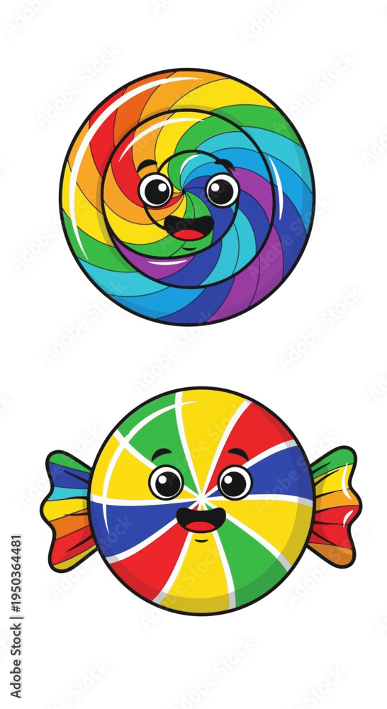 Obraz premium Cute Rainbow Swirl Lollipop and Candy Characters with Happy Faces
