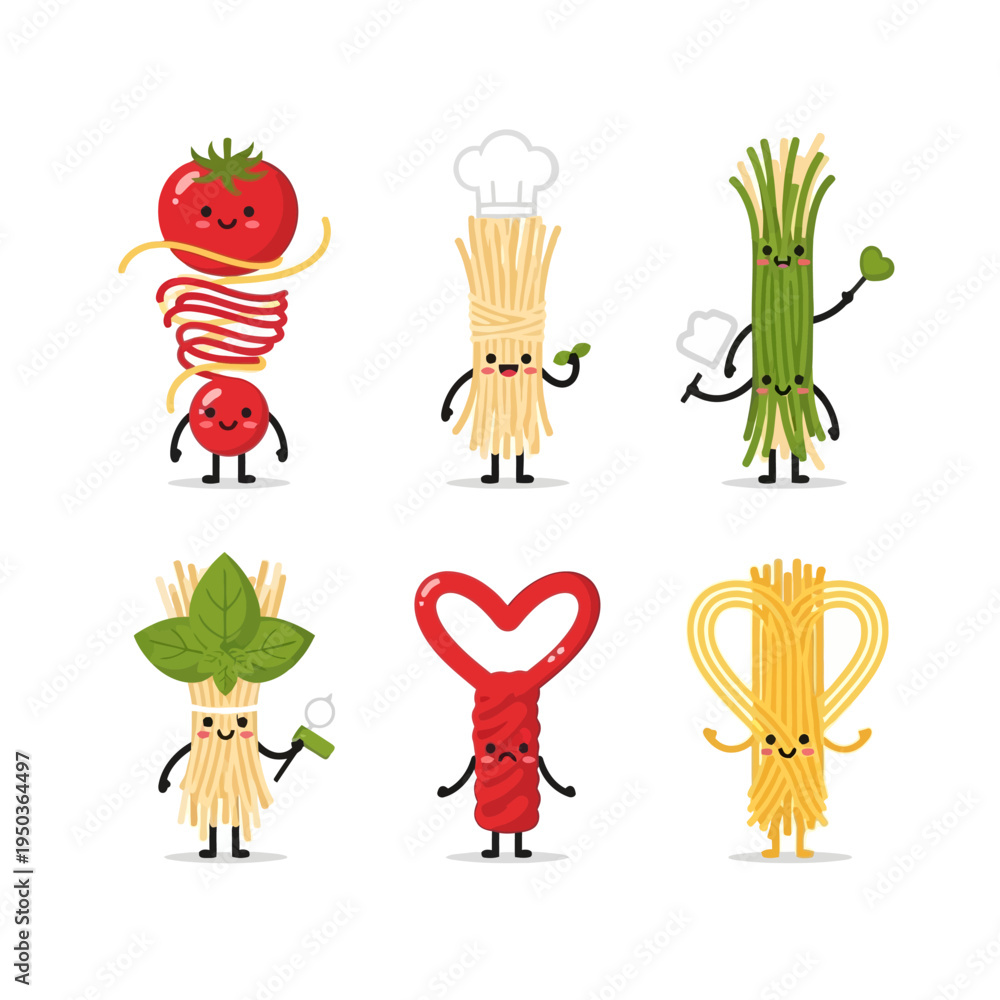 Fototapeta premium Cute Pasta Characters with Food Elements, Funny Italian Food Cartoon