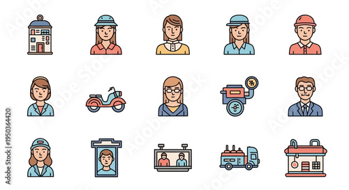 Diverse Professions and Industries Icons: People, Vehicles, and Buildings