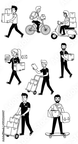 Delivery Service: Diverse Couriers on Bike, Scooter, Skateboard & Trolley with Packages