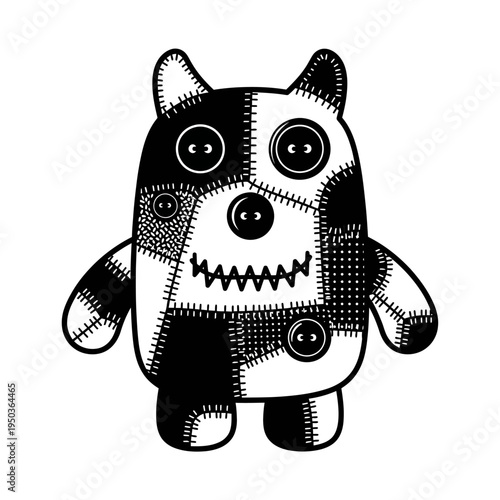 Cute Patchwork Monster Toy, Black and White, Stitched, Button Eyes, Whimsical Character