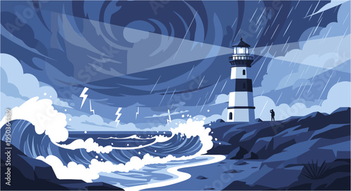 Dramatic illustration of a powerful lighthouse beam cutting through a dark, stormy night with crashing waves and lightning strikes.