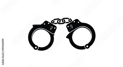 A stark black silhouette depicts a pair of metal handcuffs symbolizing restriction law enforcement and potential imprisonment high quality