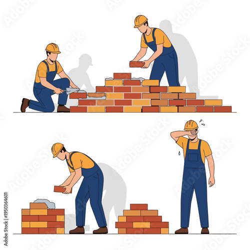 Construction worker building brick wall, laying bricks, working hard, construction site