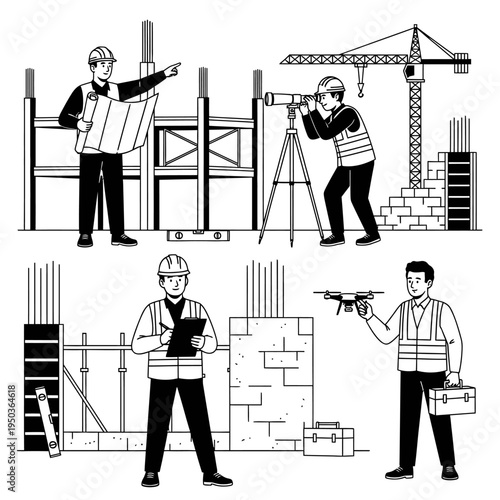 Construction professionals, surveyors, and drone operators collaborating on a building site.