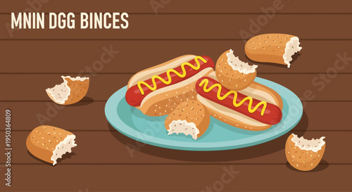 Bitten Hot Dogs and Buns on Plate, Delicious Fast Food Meal