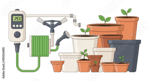 Automated Garden Watering System with Seedlings in Pots
