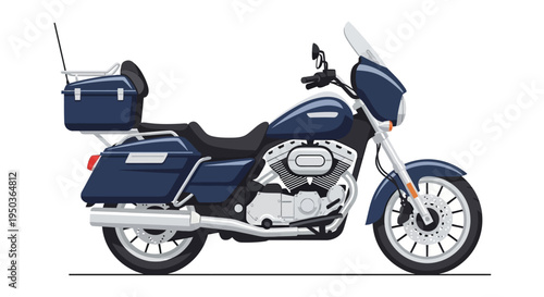 Blue touring motorcycle with saddlebags and top case, parked on white background