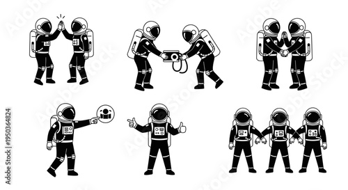 Astronauts Teamwork and Collaboration in Space: High Five, Camera Sharing, Friendship, and Social Connection