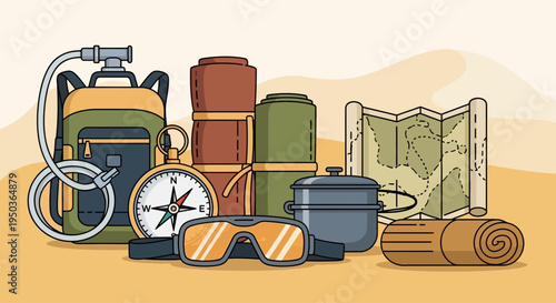 Adventure Gear: Backpack, Compass, Map, Sleeping Bag, Goggles for Outdoor Exploration