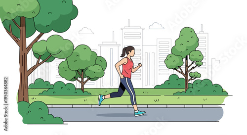 Woman jogging in park with city skyline background, healthy lifestyle and fitness