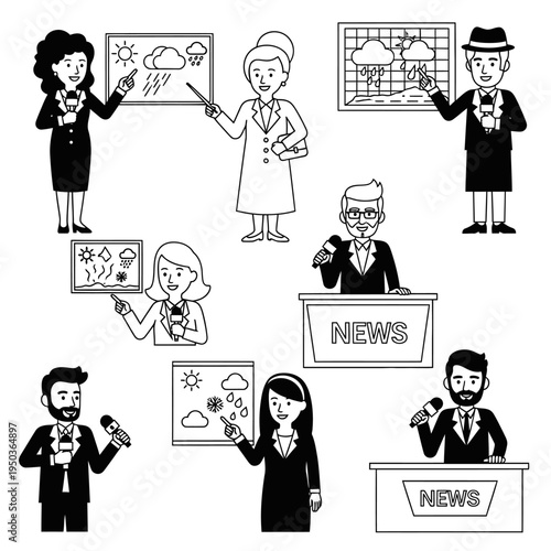 Weather Forecasters Presenting Forecasts on TV News with Weather Icons