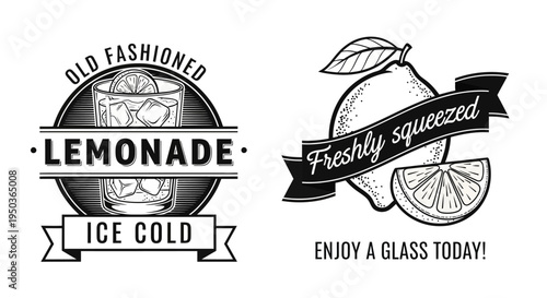 Vintage Lemonade Logo and Emblem - Old Fashioned Ice Cold Drink