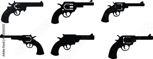 Classic revolver handgun silhouette set with different vintage pistol shapes, western firearm icons collection for security themes, weapon illustration, and retro gun design