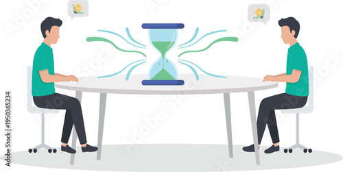 Business People Working on Table with Hourglass for Time Management and Productivity Concept