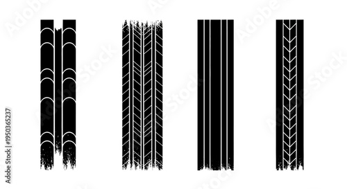 Set of Four Black Tire Tracks on White Background