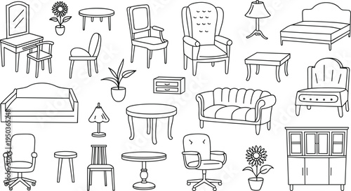 Furniture outline icon set with sofa, chairs, tables, cabinet, bed, lamps, plants, interior decor vector illustration collection