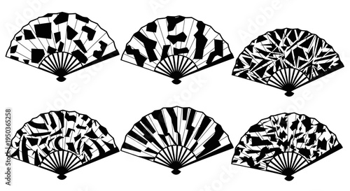 Set of six abstract patterned folding fans, black and white graphic design, isolated on white background