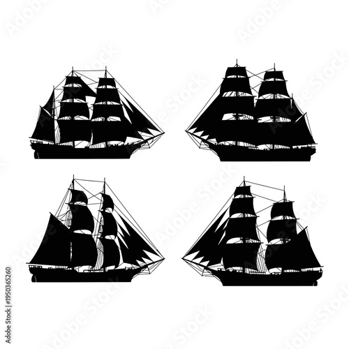 Set of Four Black Silhouettes of Vintage Tall Ships with Full Sails on White Background