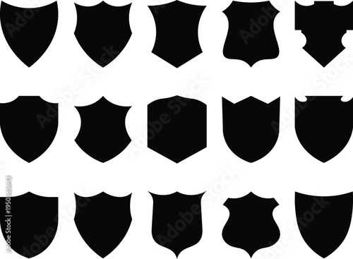 Collection of black shield shapes and badges on white background emblem crest heraldry