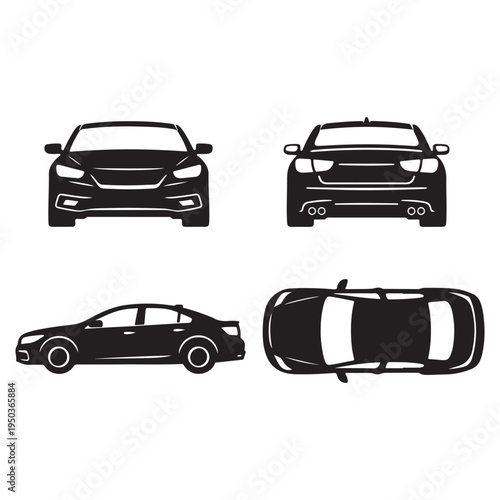 Car Silhouette Blueprint – Front, Rear, Side & Top View Vector