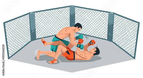 Dynamic illustration capturing two male mixed martial arts fighters engaged in a ground and pound technique within an octagon cage.
