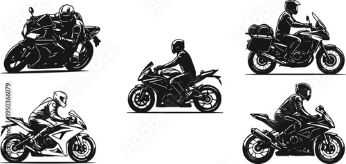 Collection of sport motorcycle riders in action, black silhouette vector set of racing bikes, touring motorcyclists and superbike riders isolated on light background