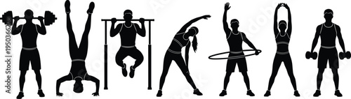 Fitness exercise silhouettes collection, strength training illustration, flexibility stretching artwork, aerobic activity graphic, balance workout design, healthy lifestyle sport education chart