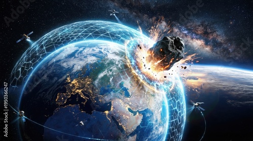 Asteroid impact event on earth outer space digital art cosmic environment aerial view cataclysmic concept for seo impact