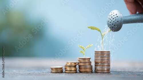 Coins stacked grow plants with watering can in soft light