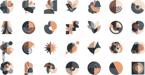 A collection of abstract geometric shapes in muted earthy tones