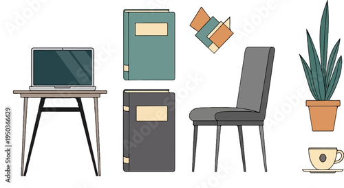 A desk with a laptop, books, a chair, a plant, and a coffee cup