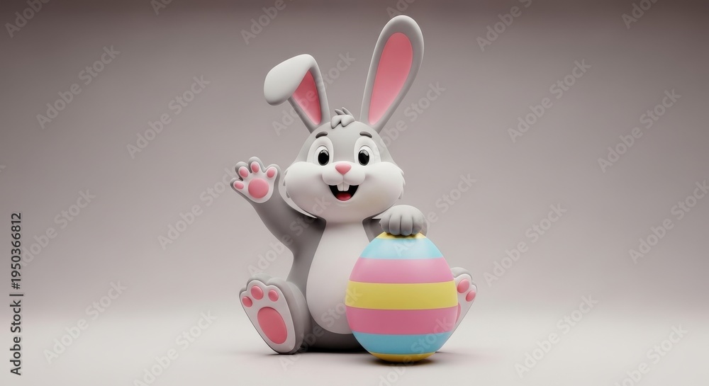 Fototapeta premium A cute cartoon easter bunny waving happily next to a colorful striped decorative easter egg toy