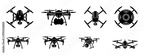 Set of various modern quadcopter drone icons in silhouette style for aerial photography and commercial surveillance technology concept collection