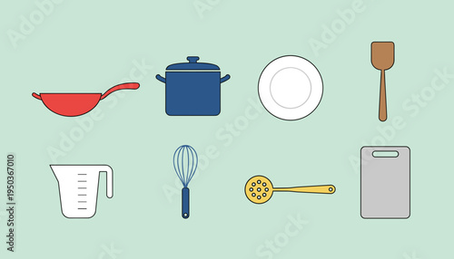 Kitchen utensils and cooking tools icon collection including frying pan pot whisk and measuring cup for culinary and home cooking preparation concept