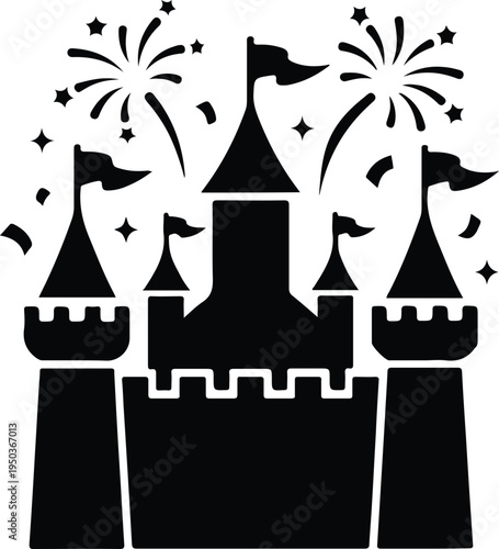 Fairytale Castle Silhouette with Fireworks and Flags,
Black fairytale castle silhouette with towers, flags, and fireworks, evoking magical kingdom, princess stories, theme park fantasy, and celebratio
