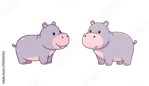 Two cute hippos illustration, flat design vector set for kids design, friendly cartoon hippopotamus character icons,