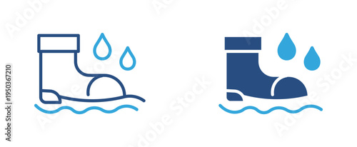 Waterproof boots icon set. Rubber rain boots standing in water with droplets icon, wet weather protection and outdoor work concept. Vector illustration.