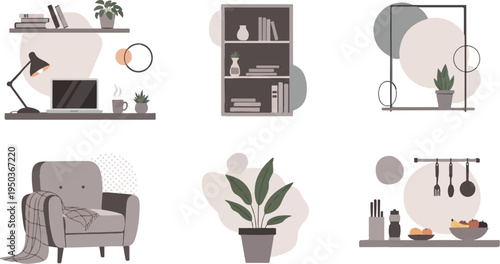 Minimalist home interior elements with plants, furniture, and workspace