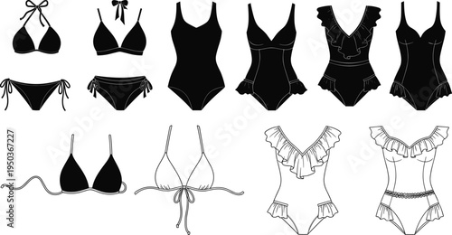 Black and white fashion illustration featuring bikinis and one piece swimsuits with ruffles, ties, seams, stylish design, swimwear collection vector
