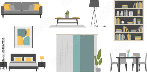 Modern interior design elements sofa, coffee table, lamp, bookshelf, bed, curtains, dining set