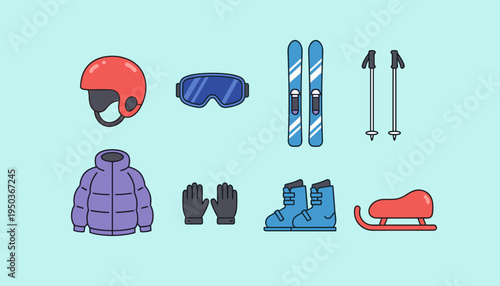 Winter sports and ski gear equipment icons set, outdoor cold weather activity tools including skis, poles, helmet, goggles, and sled for mountain vacation